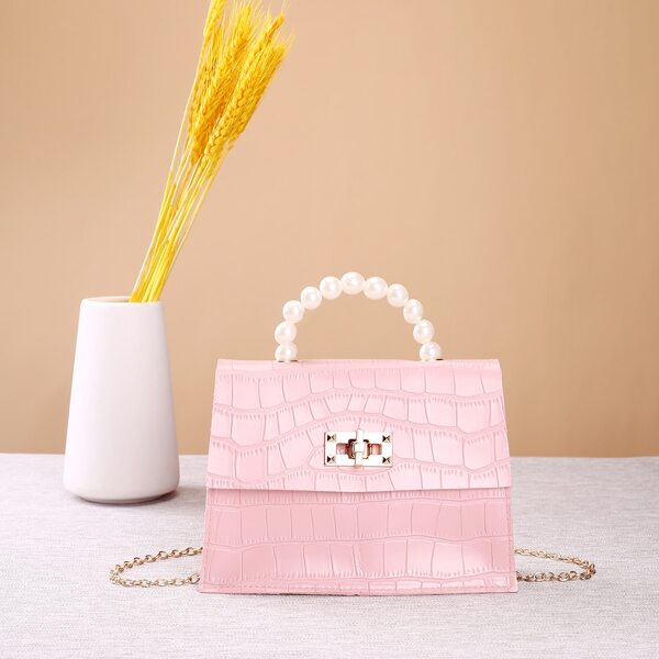 

Faux Pearl Handle Croc Embossed Satchel Bag, Pink