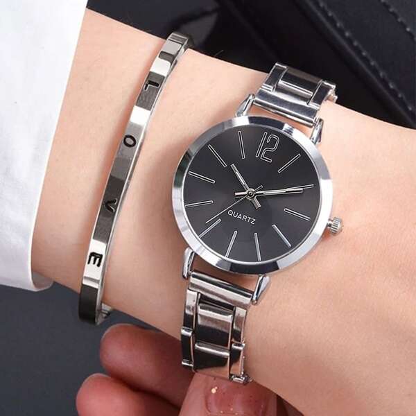 

1pc Round Pointer Quartz Watch & 1pc Bracelet