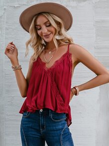 Simplee Top de tirantes cruzado ribete con encaje - Burdeos - Ver 1