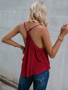 Simplee Top de tirantes cruzado ribete con encaje - Burdeos - Ver 2