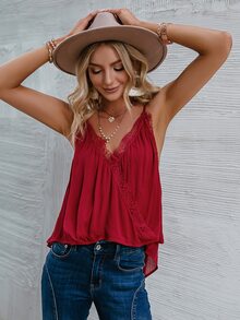 Simplee Top de tirantes cruzado ribete con encaje - Burdeos - Ver 5