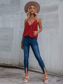 Simplee Top de tirantes cruzado ribete con encaje - Burdeos - Ver 6