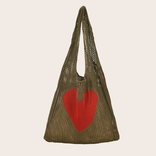 

Heart Pattern Crochet Tote Bag, Mocha brown