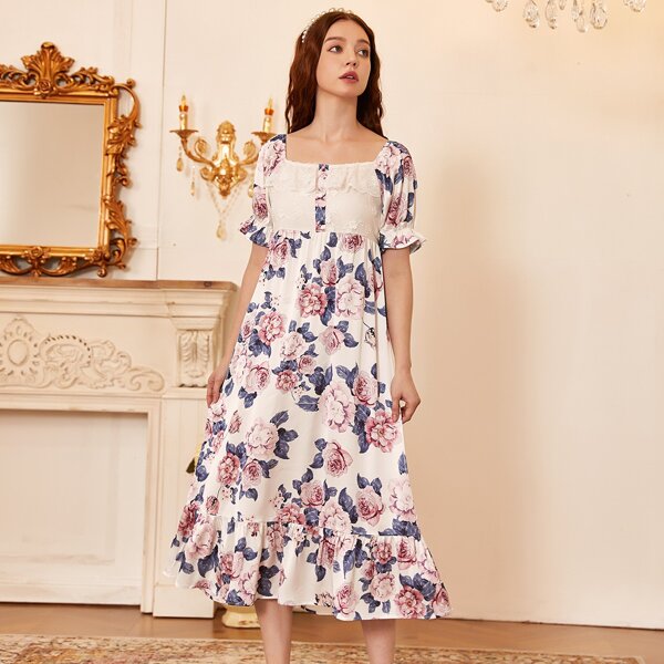 

Contrast Lace Floral Print Satin Nightdress, Multicolor