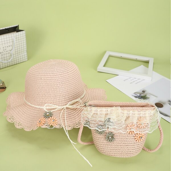 

Girls Floral Decor Contrast Lace Straw Bag With Hat, Pink
