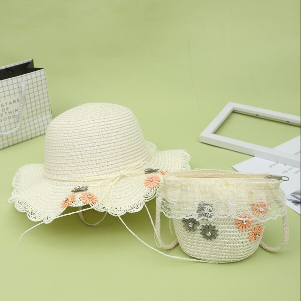 

Girls Floral Decor Contrast Lace Straw Bag With Hat, Beige