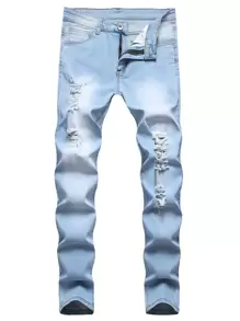 Manfinity LEGND Men Ripped Skinny Jeans - Light Wash - View 1