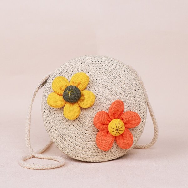 

Girls Floral Decor Straw Circle Bag, Beige