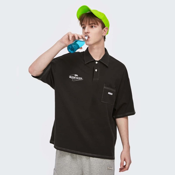 

Men Letter Embroidery Polo Tee, Dark grey