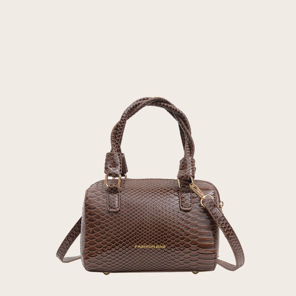

Snakeskin Boston Bag, Coffee brown