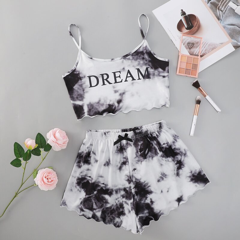 Letter Tie Dye Lettuce Trim Pajama Set, Black and white