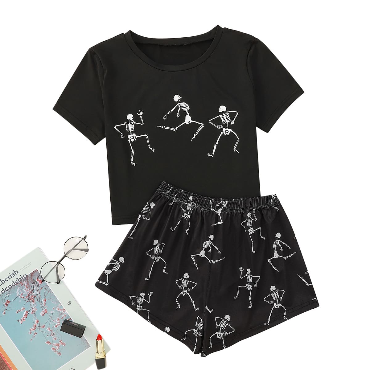 

Skull Graphic Pajama Set, Black
