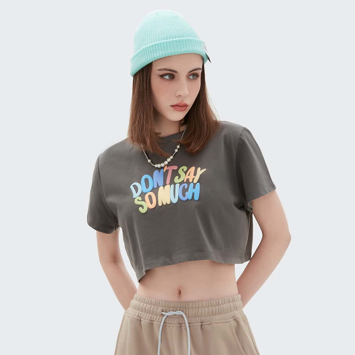 

Slogan Graphic Crop Tee, Dark grey