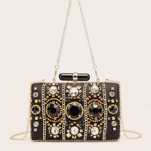 

Rhinestone Decor Chain Box Bag, Black