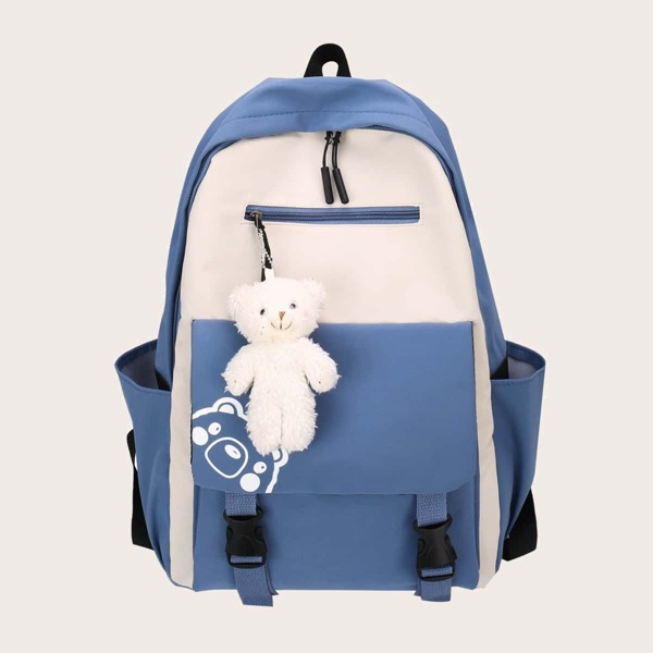 

Cartoon Charm Pocket Front Backpack, Blue and white