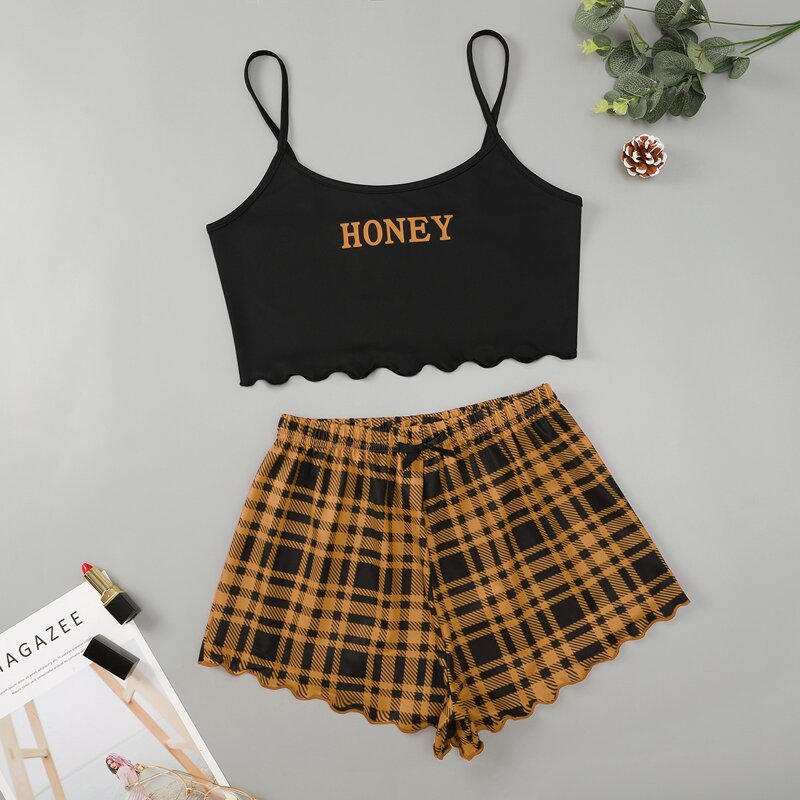 

Letter Plaid Shorts PJ Set, Multicolor