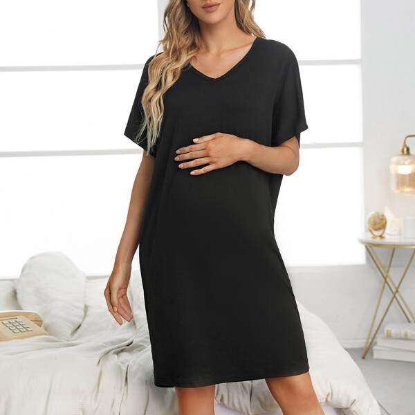 

Maternity V-neck Batwing Sleeve Solid Nightdress, Black