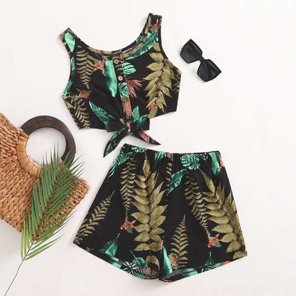 

Button Front Knot Tropical Top & Shorts Set, Multicolor