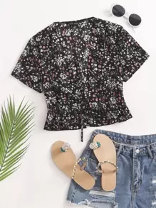 Tie Front Ditsy Floral Top - Multicolor - View 1