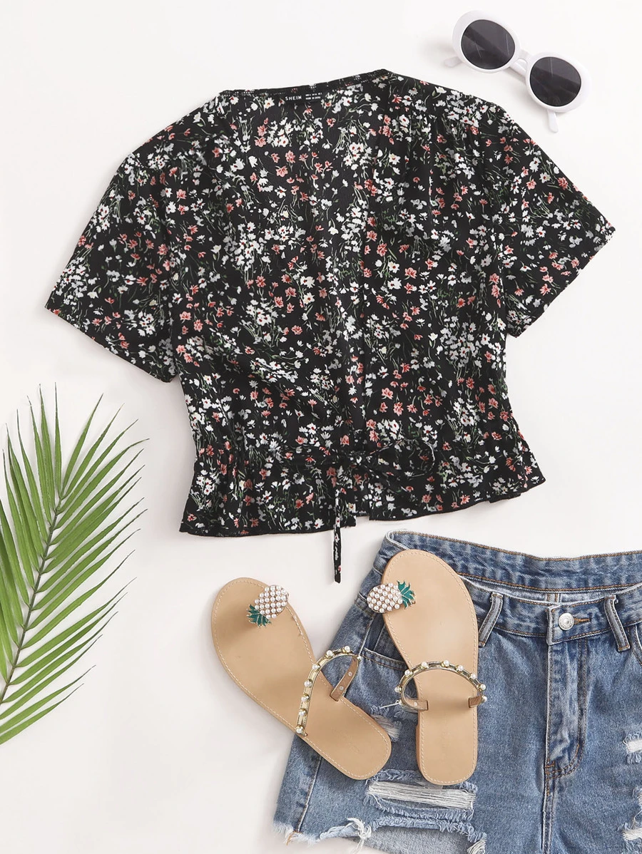 Tie Front Ditsy Floral Top - Multicolor - View 1