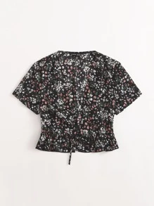 Tie Front Ditsy Floral Top - Multicolor - View 4