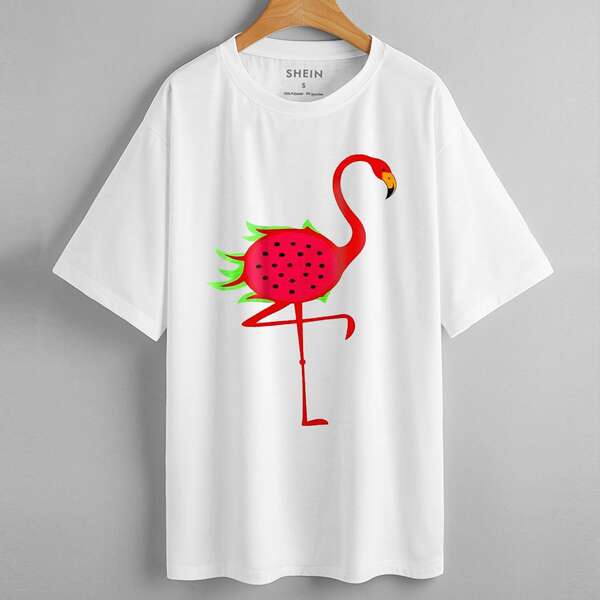 

Drop Shoulder Flamingo Print Long Tee, White