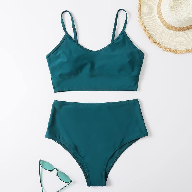 

Solid High Waist Bikini Swimsuit, Teal blue