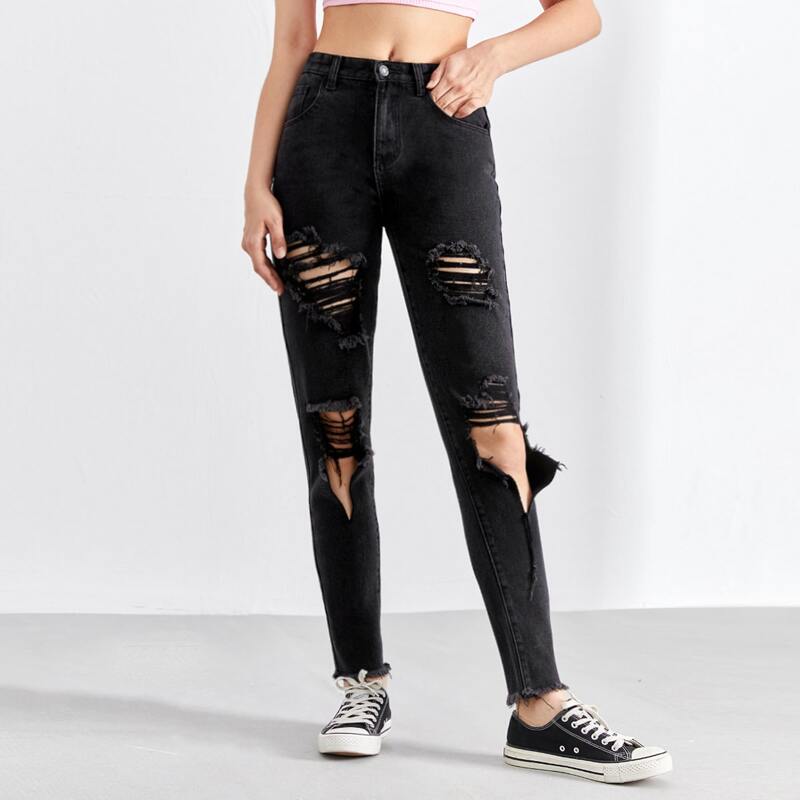 

Ripped Button Fly Jeans, Black