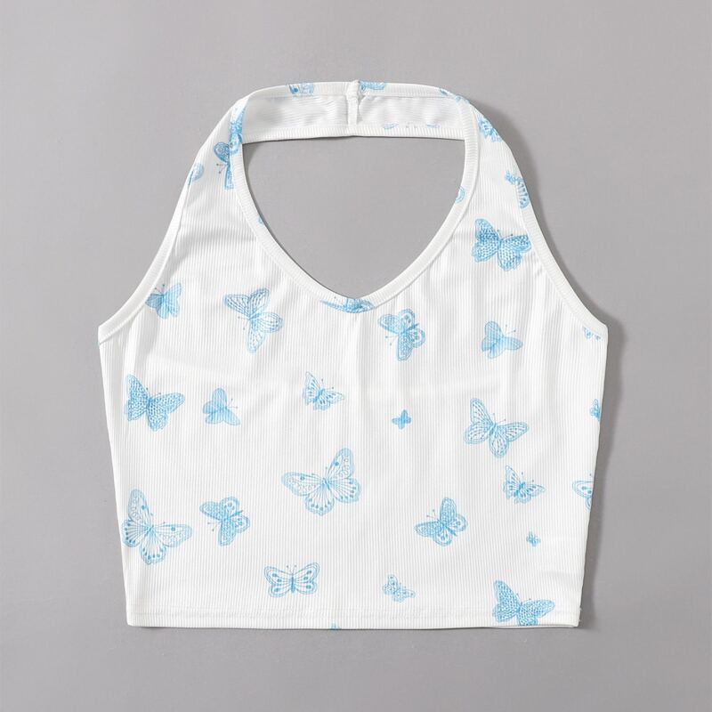 

Butterfly Graphic Ribbed Halter Top, White