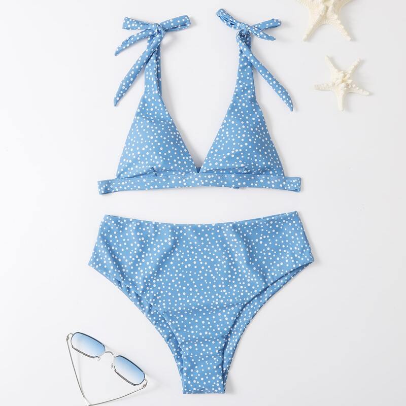 Polka Dot Tie Shoulder Bikini Swimsuit, Blue
