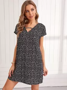 SHEIN LUNE Ditsy Floral Print Tunic Dress - Black - View 1