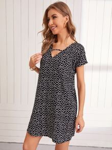 SHEIN LUNE Ditsy Floral Print Tunic Dress - Black - View 5