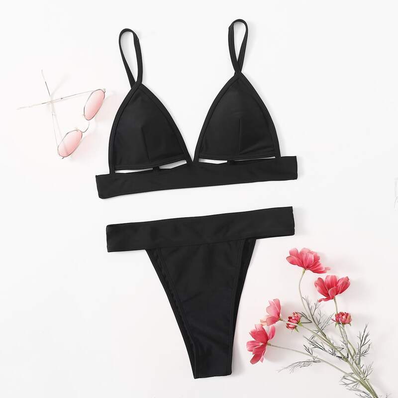

Solid Triangle Thong Bikini Swimsuit, Black