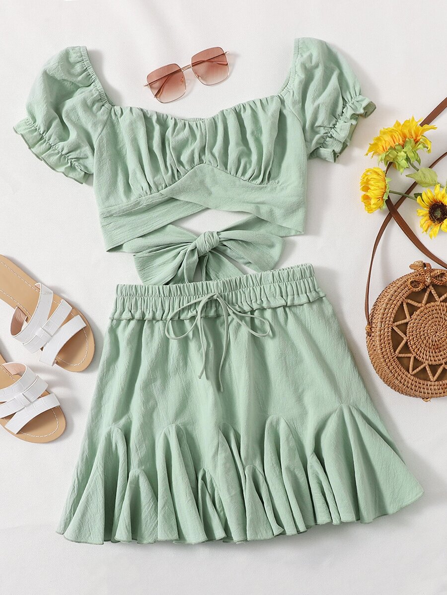 SHEIN 大碼抽褶胸後繫帶上衣和半身裙套裝 - 薄荷綠 - 查看 1
