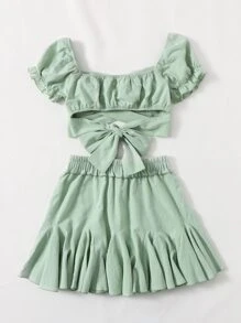 SHEIN 大碼抽褶胸後繫帶上衣和半身裙套裝 - 薄荷綠 - 查看 2