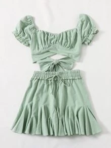 SHEIN 大碼抽褶胸後繫帶上衣和半身裙套裝 - 薄荷綠 - 查看 5