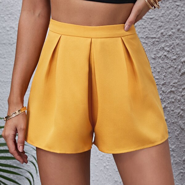 

Zipper Side Fold Pleated Shorts, Mustard yellow
