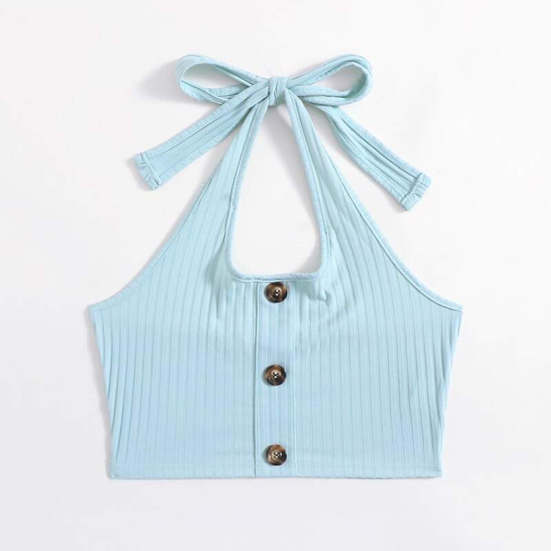 

Solid Halter Button Front Ribbed Crop Top, Baby blue