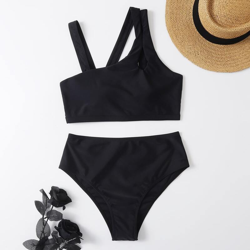 

Asymmetrical Neck High Waist Bikini Swimsuit, Black