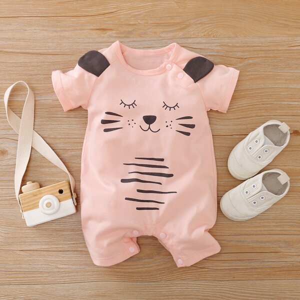 

Baby Girl Cartoon Graphic 3D Ear Detail Romper, Baby pink