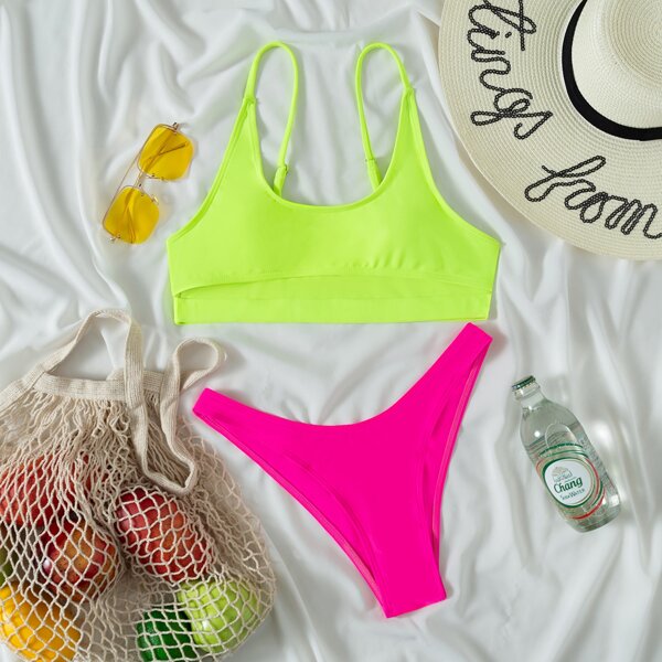 

Neon Two Tone Cut-out Bikini Swimsuit, Multicolor