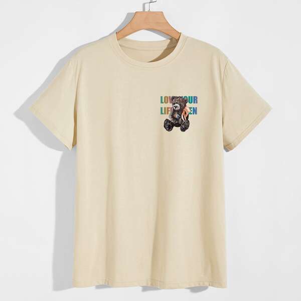 

Men Bear And Letter Graphic Tee, Beige