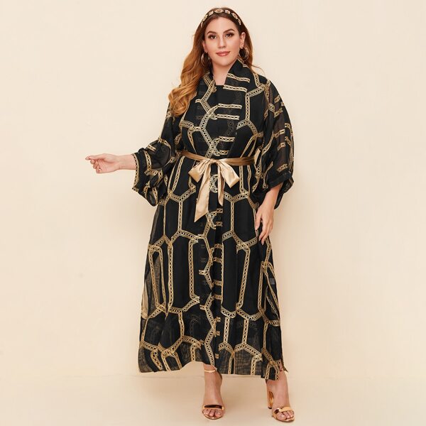 

Plus Dress & Embroidered Belted Robe, Black