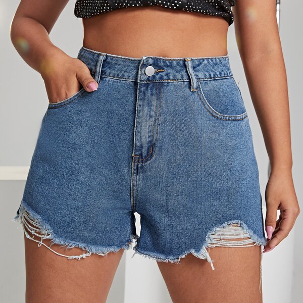 

Plus High Waist Ripped Raw Hem Denim Shorts, Medium wash