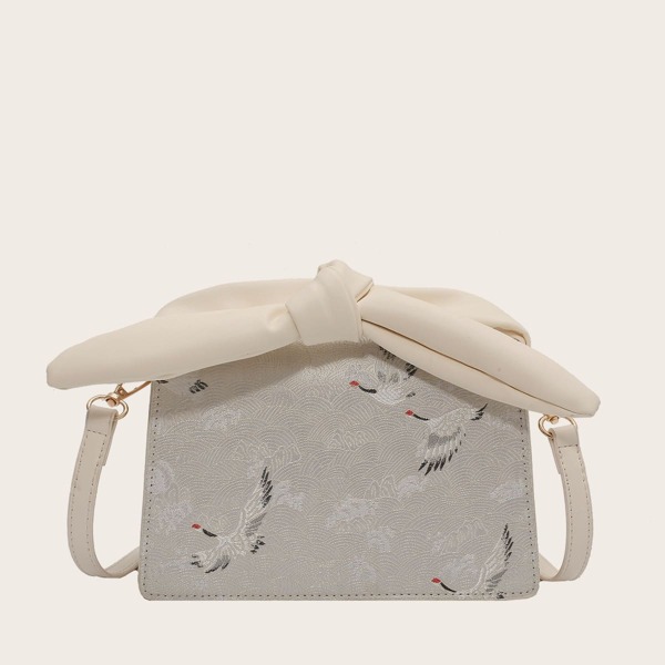

Knot Handle Crane Pattern Satchel Bag, Beige