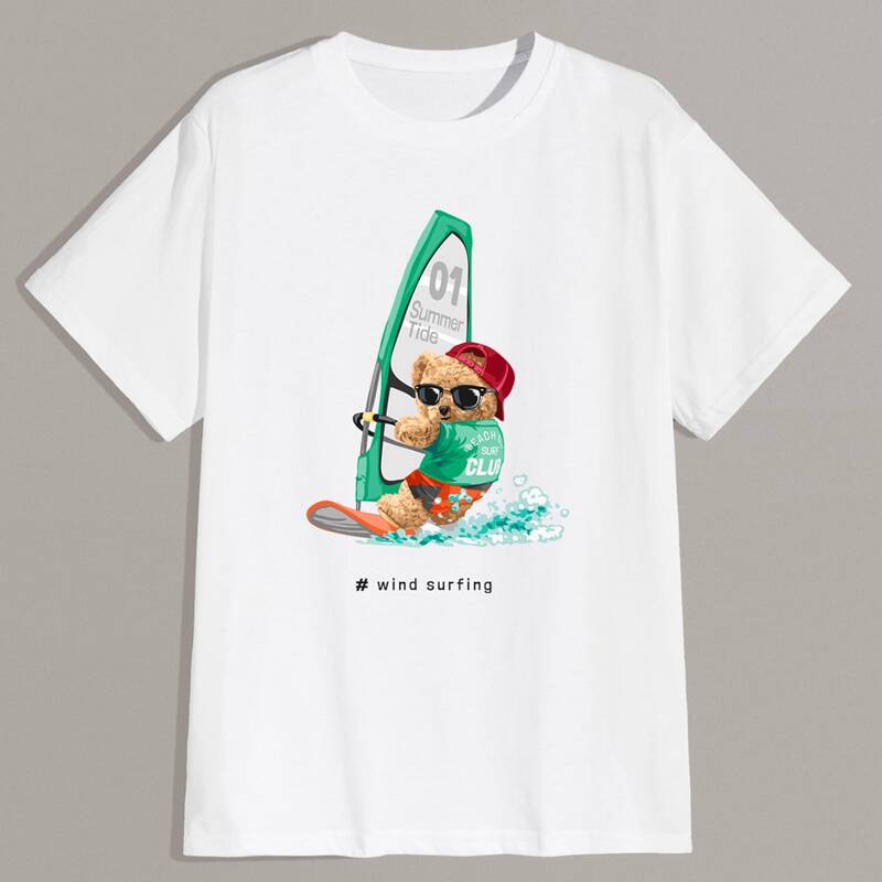 

Guys Letter Cartoon Bear Graphic Tee, White