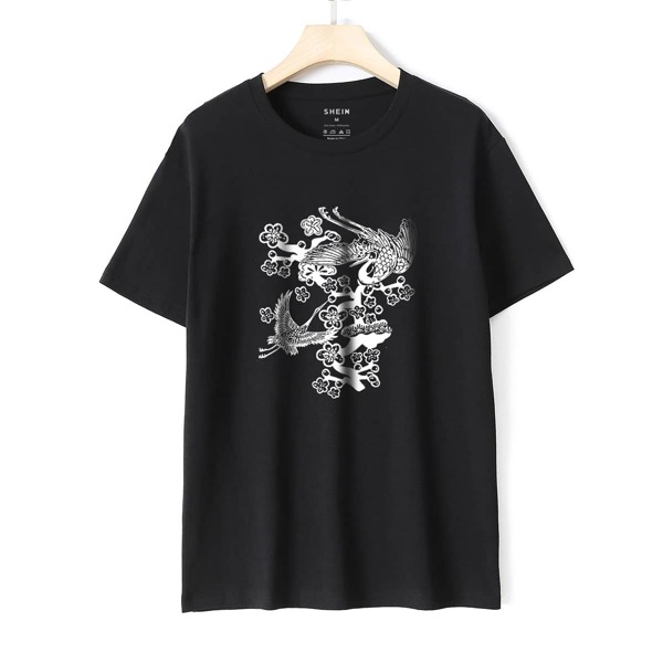 

Crane And Floral Print Tee, Black