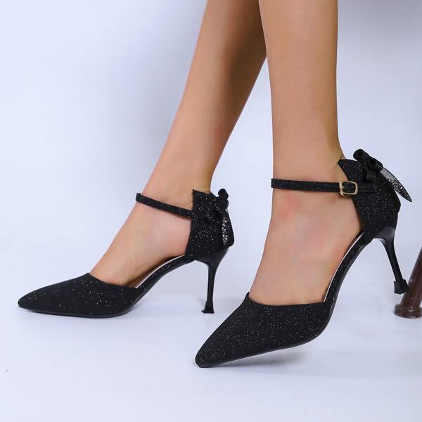 

Bow Decor Mid Heeled Glitter Pumps, Black