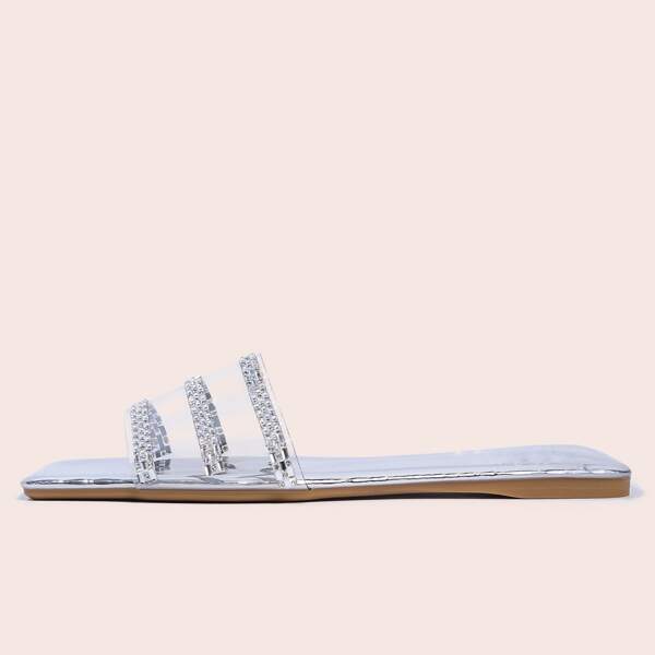 

Metallic Clear Rhinestone Decor Slide Sandals, Silver