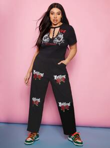 SHEIN Plus Letter and Floral Print Trousers - Black - View 3